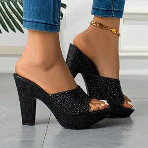 Elegant Rhinestone-Embellished Chunky Heel Sandals